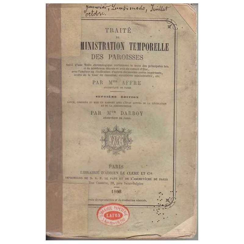 Traité d'administration temporelle des paroisses - Mgr Affre